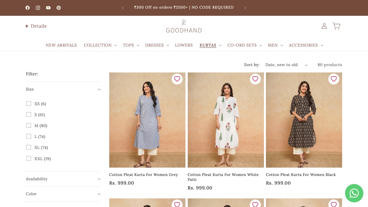 The long-kurta collection page, with size, colour and availability filters showing live counts