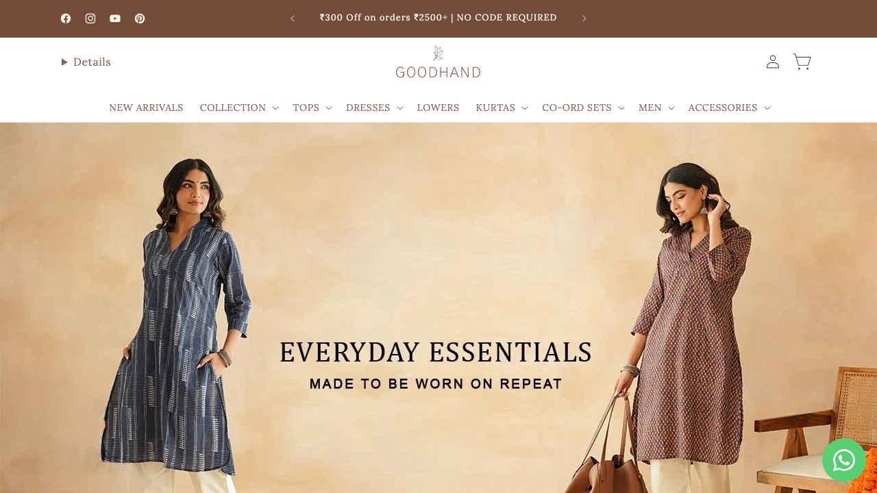 The Good Hand homepage — the Everyday Essentials hero over the full category navigation