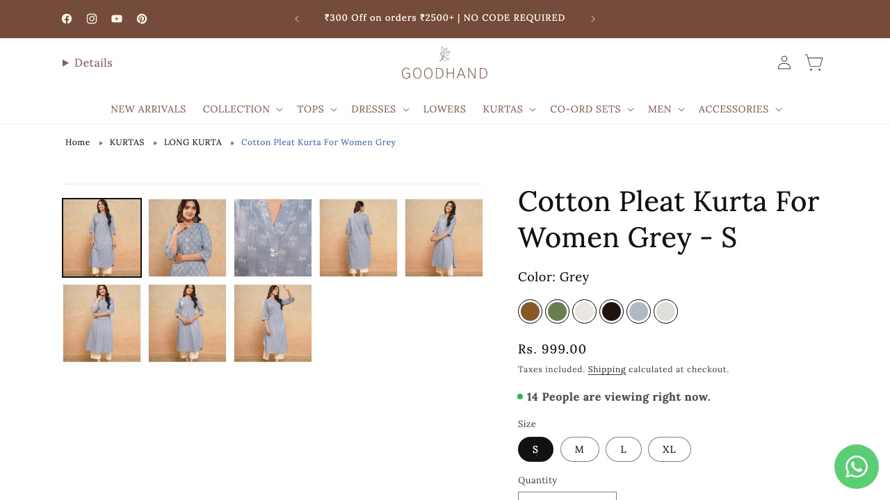 A product page with colour swatches, size selection, gallery and live viewer count