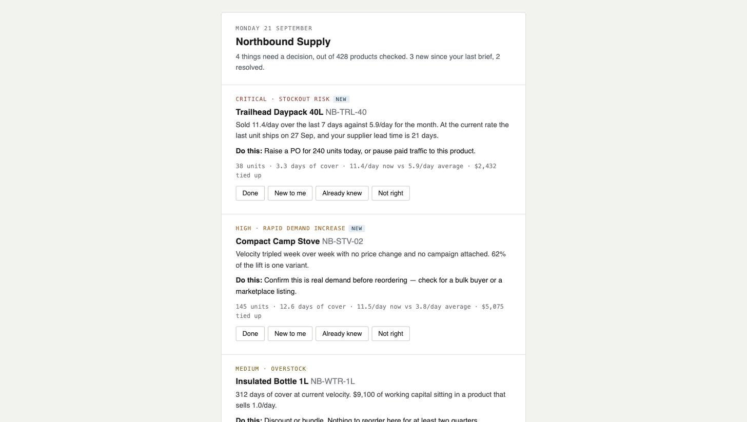 A ReplenishIQ daily brief — a critical stockout risk, a rapid demand increase, an overstock and a declining-sales item, each with the reason, the recommended action and four one-tap feedback buttons