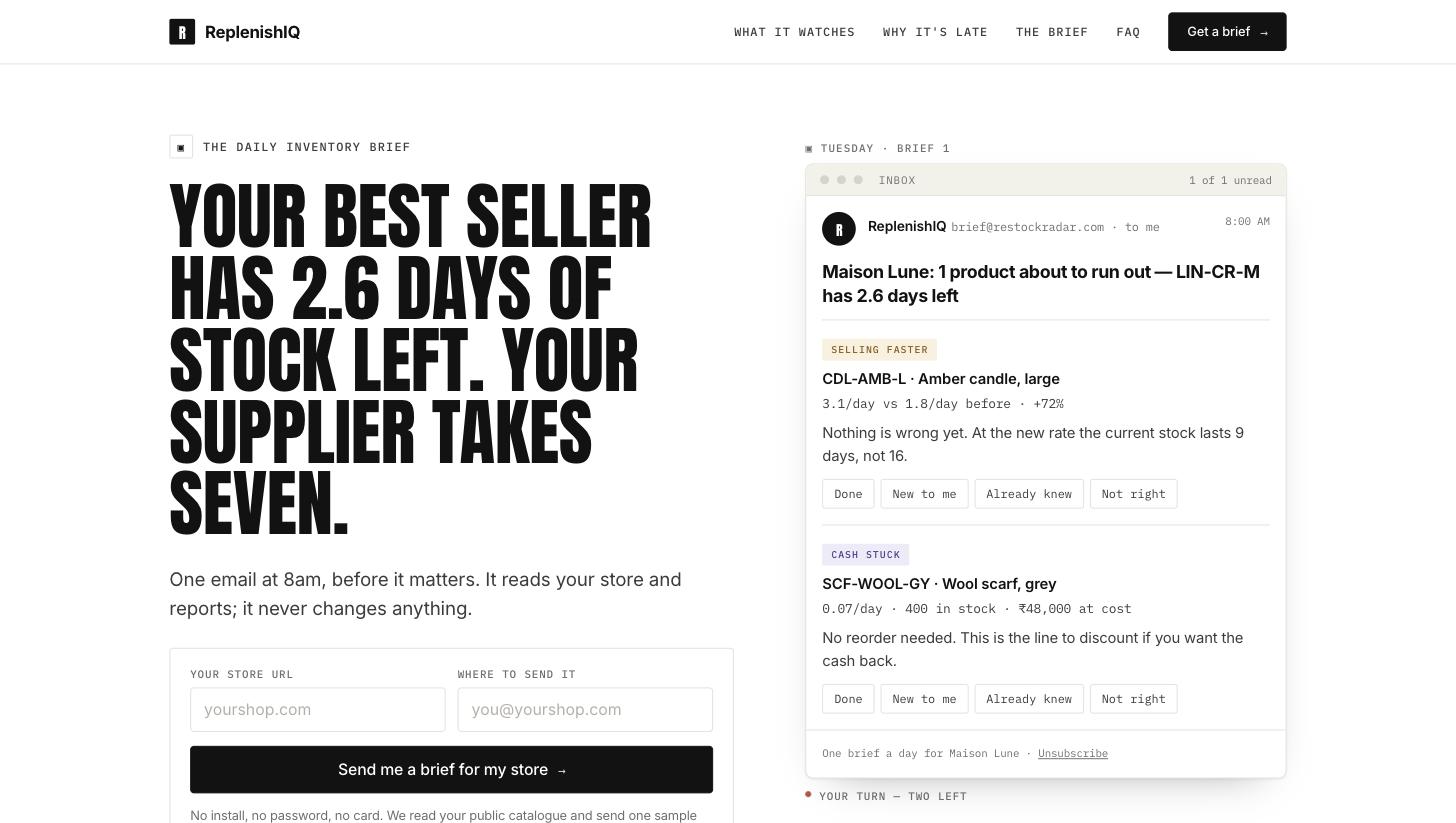 The ReplenishIQ homepage, with a sample daily brief shown in an inbox beside the sign-up form